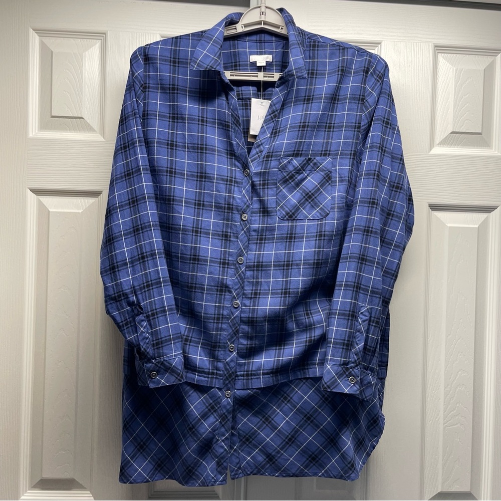 J. Jill Size L Plaid Button Down Shirt Soft Brushed Bias Hem Tunic Blue Black